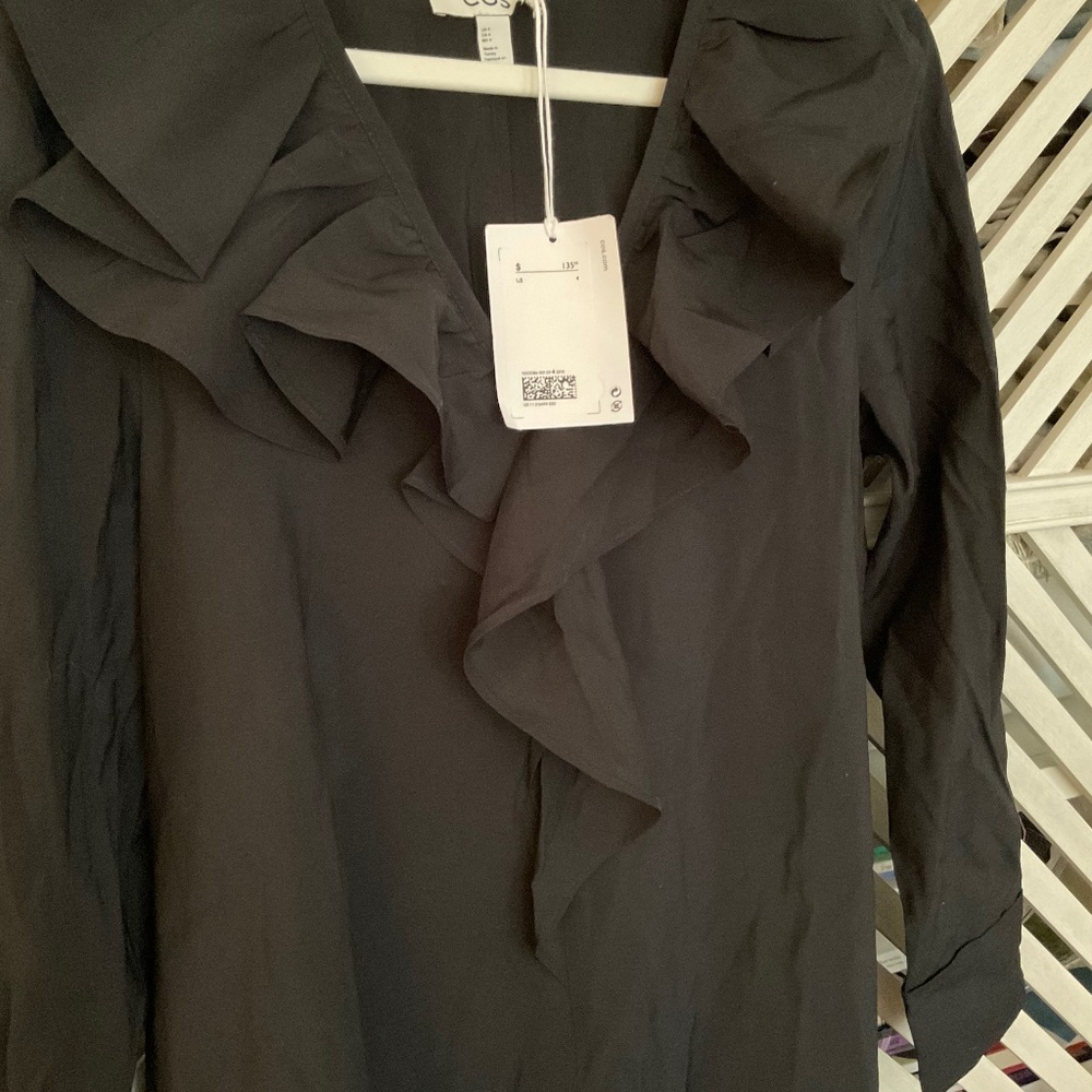 COS ruffle detail on neckline, long sleeve, black maxi dress 4